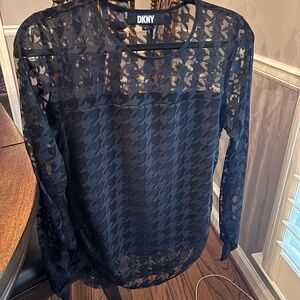 DKNY Women's Black Houndstooth Patterned Blouse